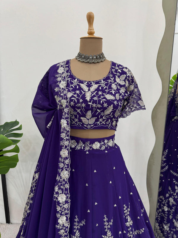 Purple Designer Fox Georgette Lehenga Set with 4-Meter Flair & Sequin Embroidery ClothsVilla