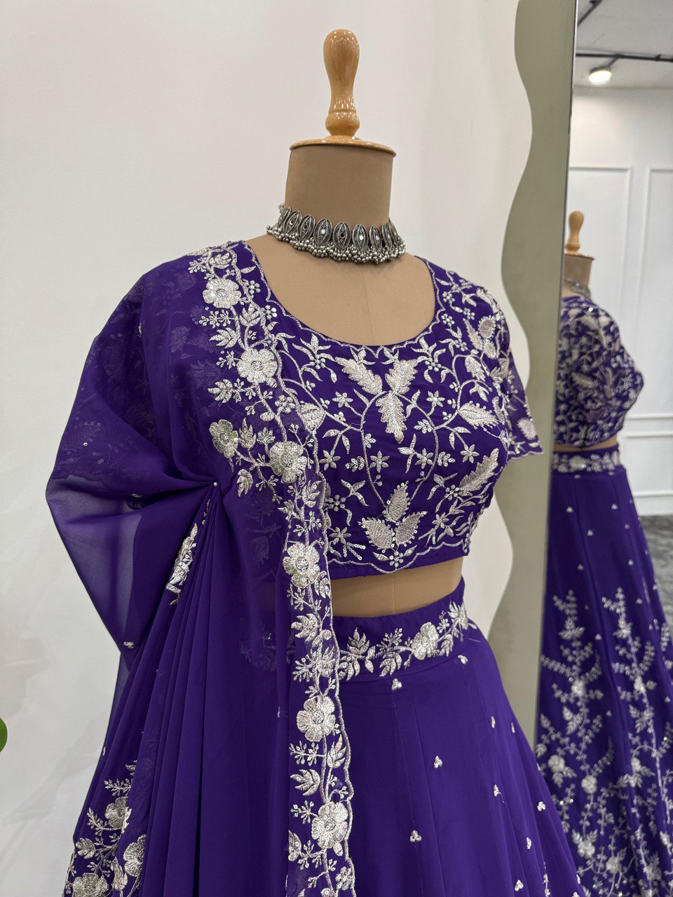 Purple Designer Fox Georgette Lehenga Set with 4-Meter Flair & Sequin Embroidery ClothsVilla