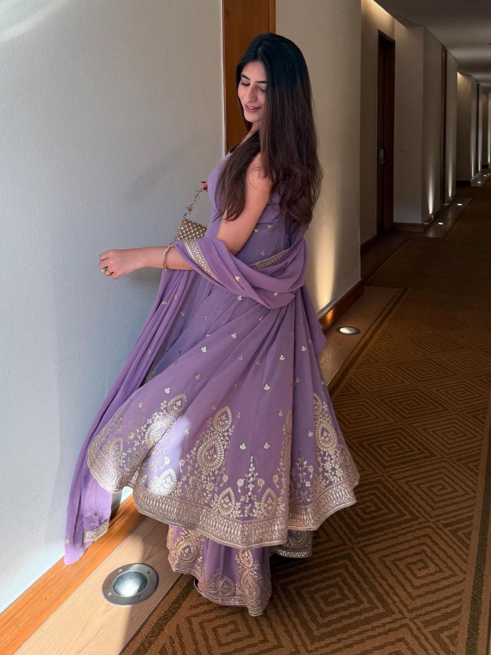 Purple Designer Georgette Dori, Thread & Foil Embroidered Top Palazzo Set with Matching Dupatta – Fully Stitched Festive Wear Ensemble ClothsVilla