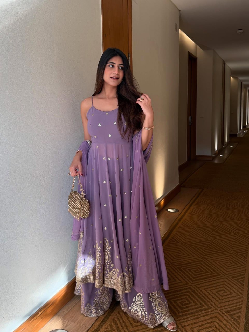Purple Designer Georgette Dori, Thread & Foil Embroidered Top Palazzo Set with Matching Dupatta – Fully Stitched Festive Wear Ensemble ClothsVilla