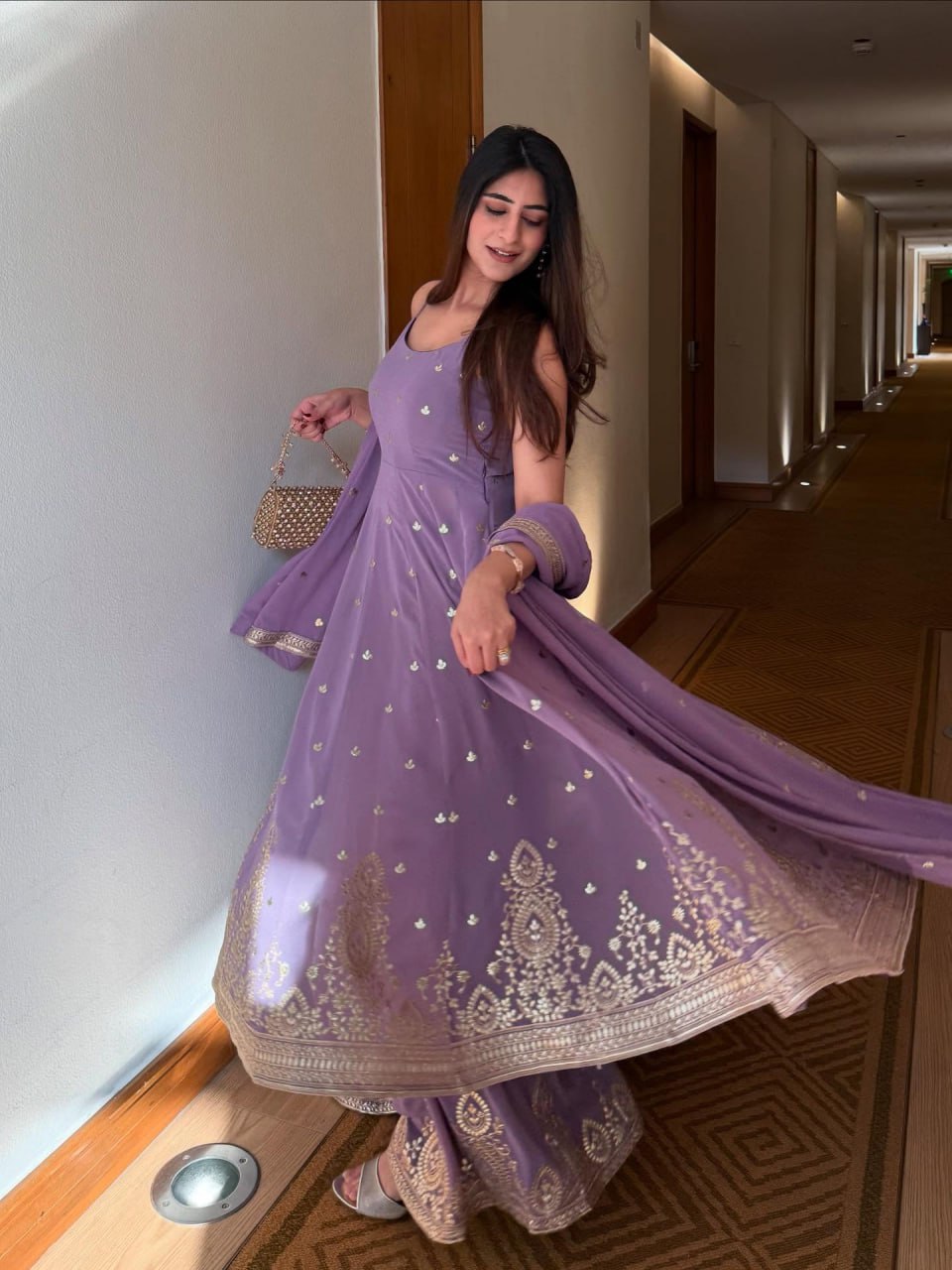 Purple Designer Georgette Dori, Thread & Foil Embroidered Top Palazzo Set with Matching Dupatta – Fully Stitched Festive Wear Ensemble ClothsVilla