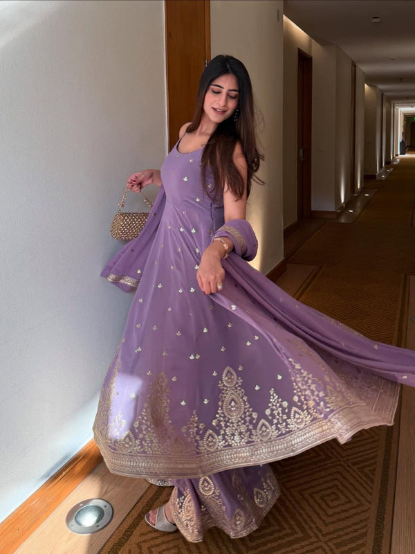Purple Designer Georgette Dori, Thread & Foil Embroidered Top Palazzo Set with Matching Dupatta – Fully Stitched Festive Wear Ensemble ClothsVilla