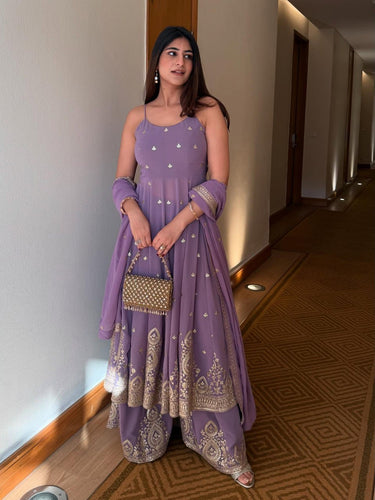 Purple Designer Georgette Dori, Thread & Foil Embroidered Top Palazzo Set with Matching Dupatta – Fully Stitched Festive Wear Ensemble ClothsVilla