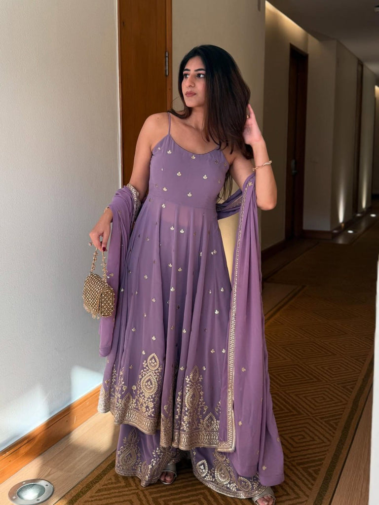 Purple Designer Georgette Dori, Thread & Foil Embroidered Top Palazzo Set with Matching Dupatta – Fully Stitched Festive Wear Ensemble ClothsVilla