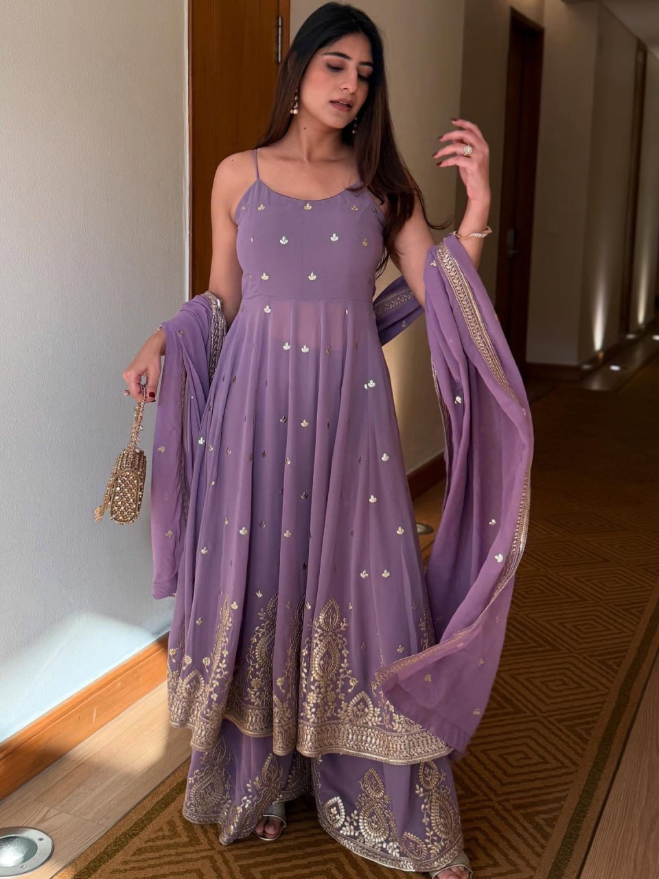 Purple Designer Georgette Dori, Thread & Foil Embroidered Top Palazzo Set with Matching Dupatta – Fully Stitched Festive Wear Ensemble ClothsVilla