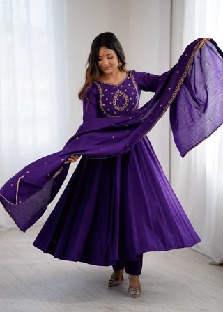 Purple Designer Heavy Pure Roman Chanderi Silk 16 Kali Anarkali Gown Set with Beads Handwork, 4-Meter Flare, Churidar Sleeves & Fancy Dupatta Clothsvilla