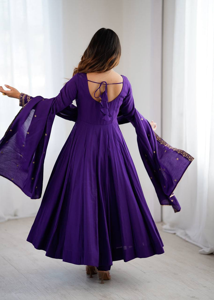 Purple Designer Heavy Pure Roman Chanderi Silk 16 Kali Anarkali Gown Set with Beads Handwork, 4-Meter Flare, Churidar Sleeves & Fancy Dupatta Clothsvilla