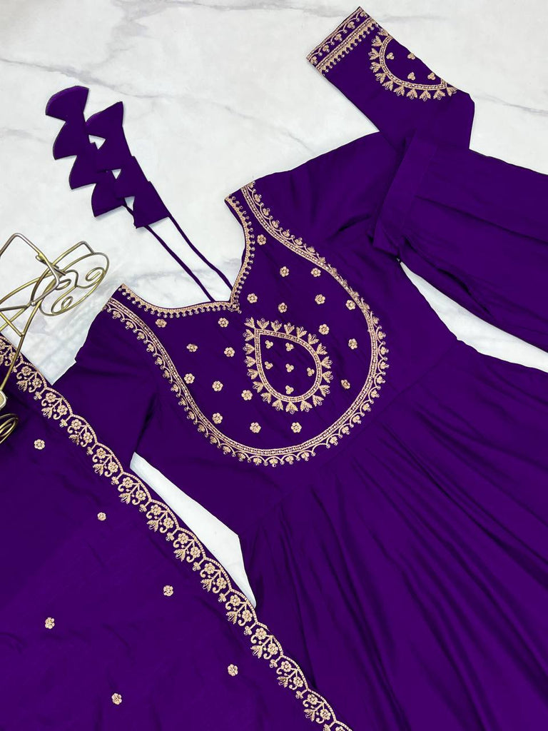 Purple Designer Heavy Pure Roman Chanderi Silk 16 Kali Anarkali Gown Set with Beads Handwork, 4-Meter Flare, Churidar Sleeves & Fancy Dupatta Clothsvilla
