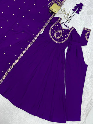 Purple Designer Heavy Pure Roman Chanderi Silk 16 Kali Anarkali Gown Set with Beads Handwork, 4-Meter Flare, Churidar Sleeves & Fancy Dupatta Clothsvilla