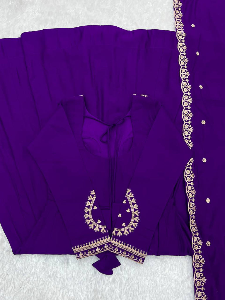 Purple Designer Heavy Pure Roman Chanderi Silk 16 Kali Anarkali Gown Set with Beads Handwork, 4-Meter Flare, Churidar Sleeves & Fancy Dupatta Clothsvilla
