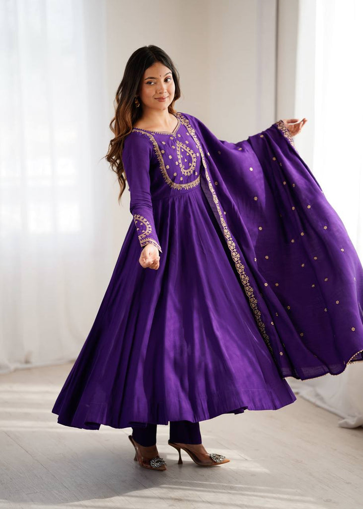 Purple Designer Heavy Pure Roman Chanderi Silk 16 Kali Anarkali Gown Set with Beads Handwork, 4-Meter Flare, Churidar Sleeves & Fancy Dupatta Clothsvilla