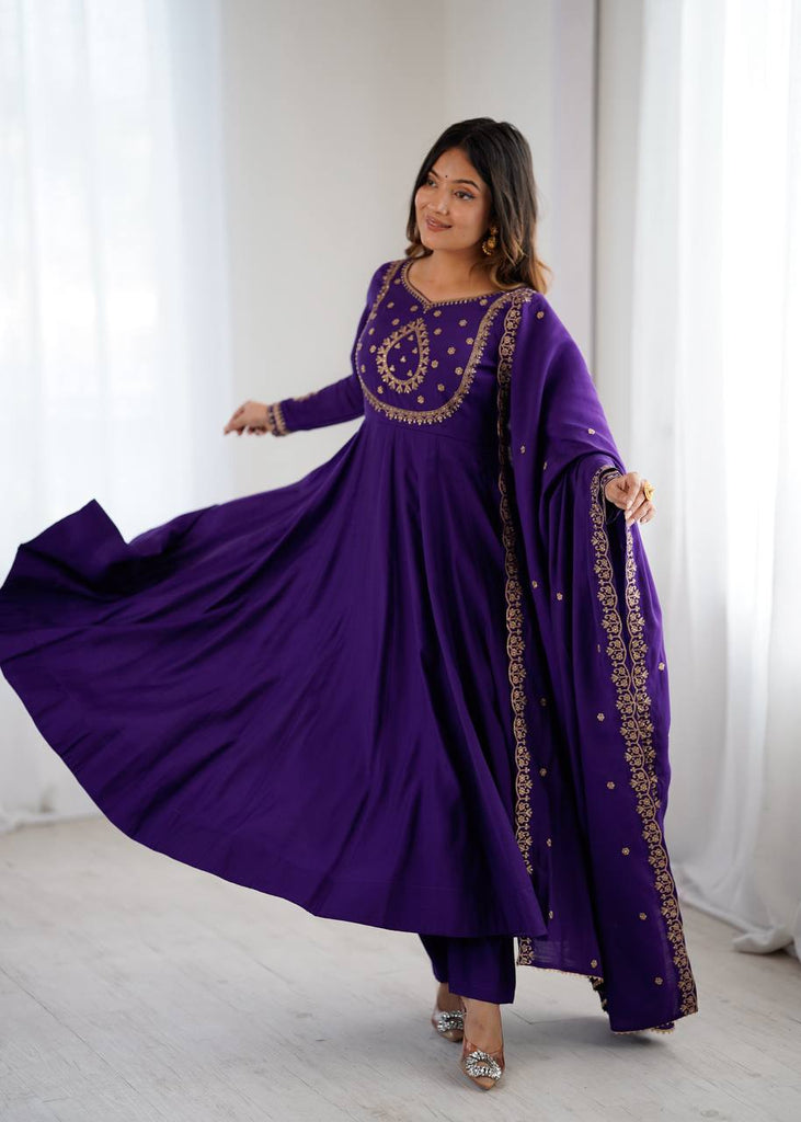 Purple Designer Heavy Pure Roman Chanderi Silk 16 Kali Anarkali Gown Set with Beads Handwork, 4-Meter Flare, Churidar Sleeves & Fancy Dupatta Clothsvilla