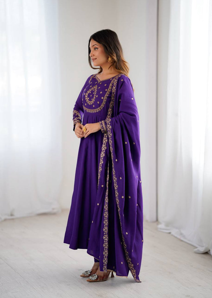 Purple Designer Heavy Pure Roman Chanderi Silk 16 Kali Anarkali Gown Set with Beads Handwork, 4-Meter Flare, Churidar Sleeves & Fancy Dupatta Clothsvilla