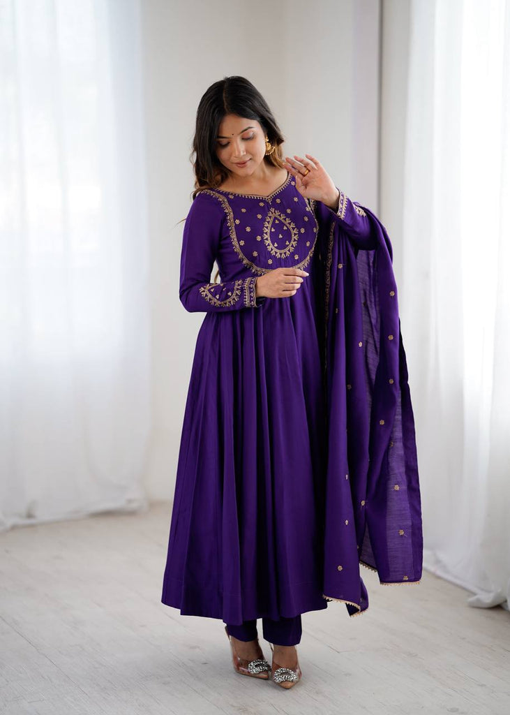 Purple Designer Heavy Pure Roman Chanderi Silk 16 Kali Anarkali Gown Set with Beads Handwork, 4-Meter Flare, Churidar Sleeves & Fancy Dupatta Clothsvilla