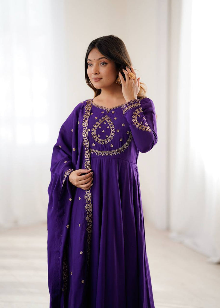 Purple Designer Heavy Pure Roman Chanderi Silk 16 Kali Anarkali Gown Set with Beads Handwork, 4-Meter Flare, Churidar Sleeves & Fancy Dupatta Clothsvilla