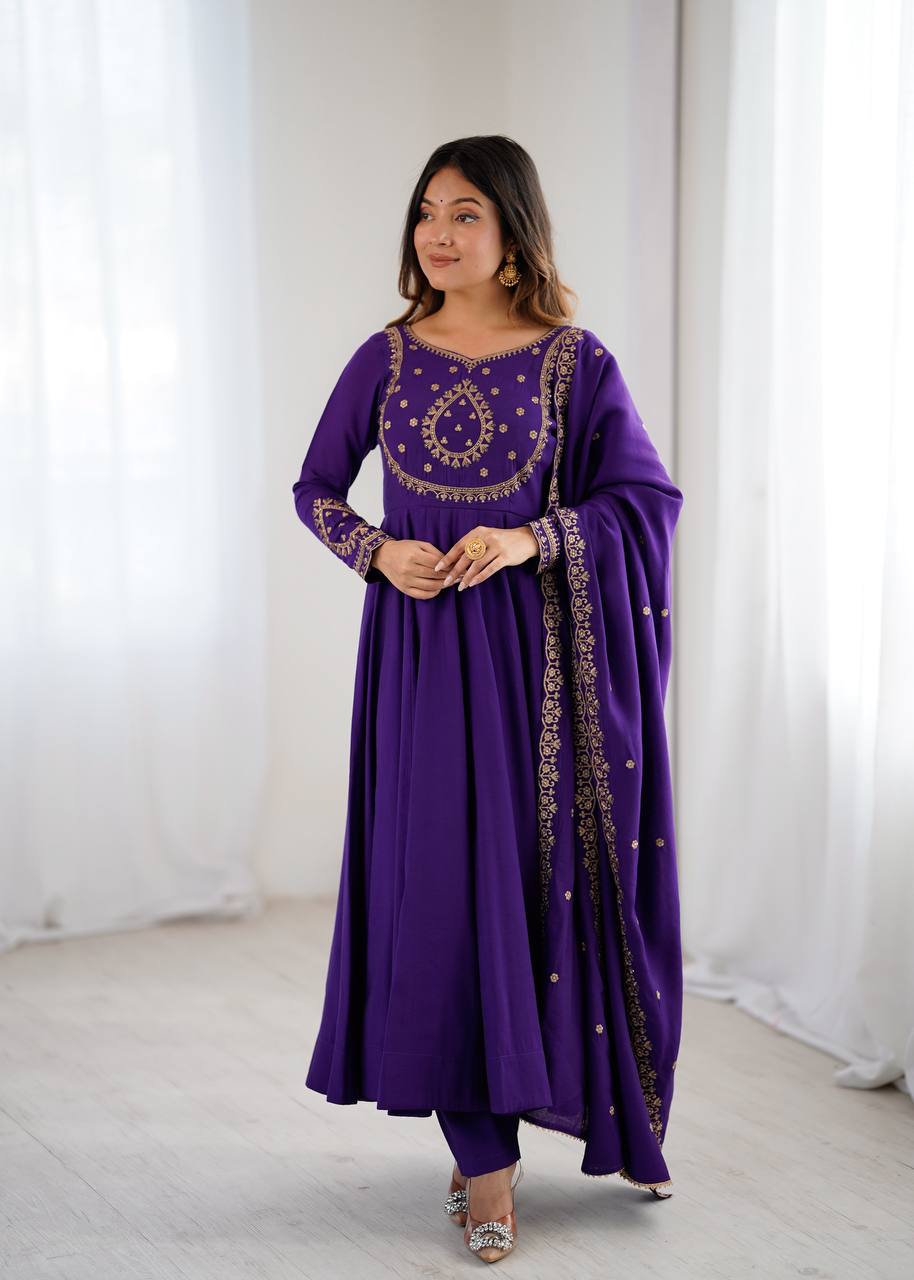 Purple Designer Heavy Pure Roman Chanderi Silk 16 Kali Anarkali Gown Set with Beads Handwork, 4-Meter Flare, Churidar Sleeves & Fancy Dupatta Clothsvilla Main image