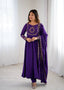 Purple Designer Heavy Pure Roman Chanderi Silk 16 Kali Anarkali Gown Set with Beads Handwork, 4-Meter Flare, Churidar Sleeves & Fancy Dupatta Clothsvilla