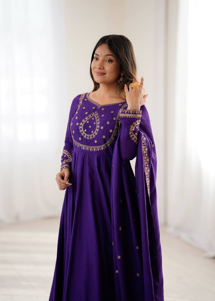 Purple Designer Heavy Pure Roman Chanderi Silk 16 Kali Anarkali Gown Set with Beads Handwork, 4-Meter Flare, Churidar Sleeves & Fancy Dupatta Clothsvilla