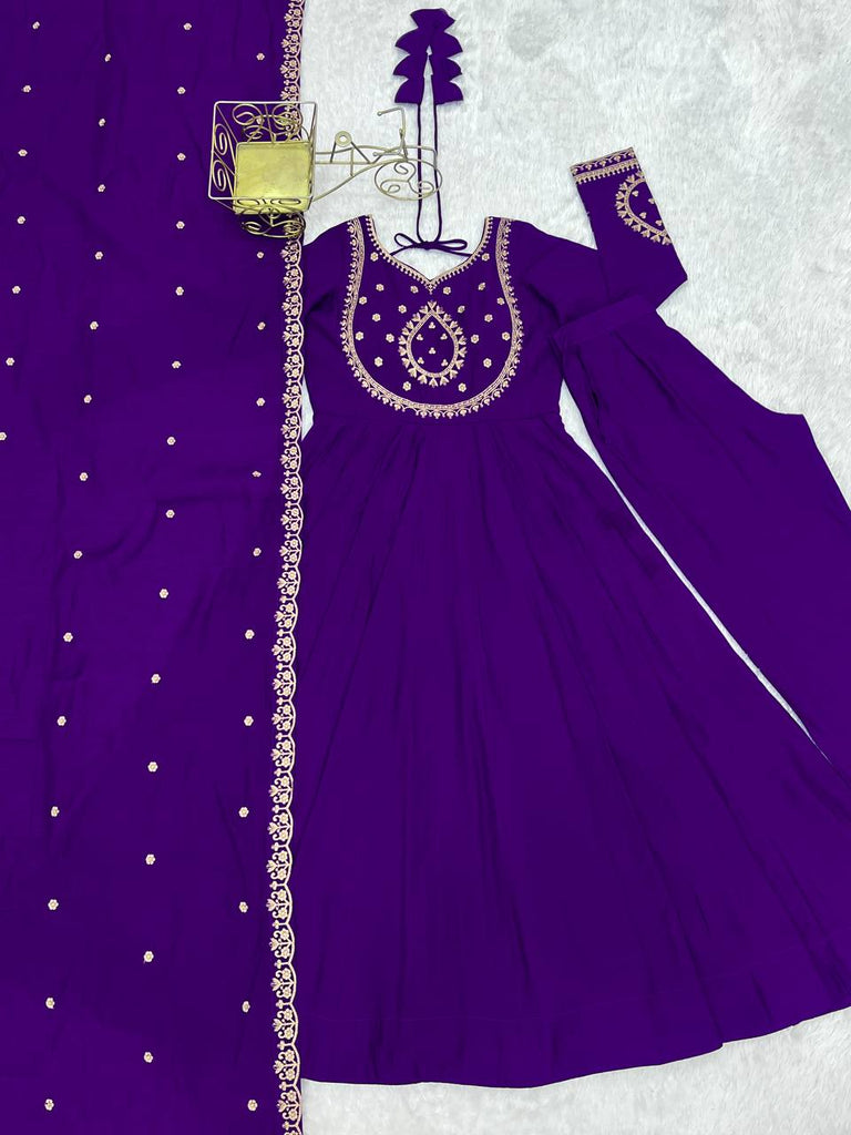 Purple Designer Heavy Pure Roman Chanderi Silk 16 Kali Anarkali Gown Set with Beads Handwork, 4-Meter Flare, Churidar Sleeves & Fancy Dupatta Clothsvilla