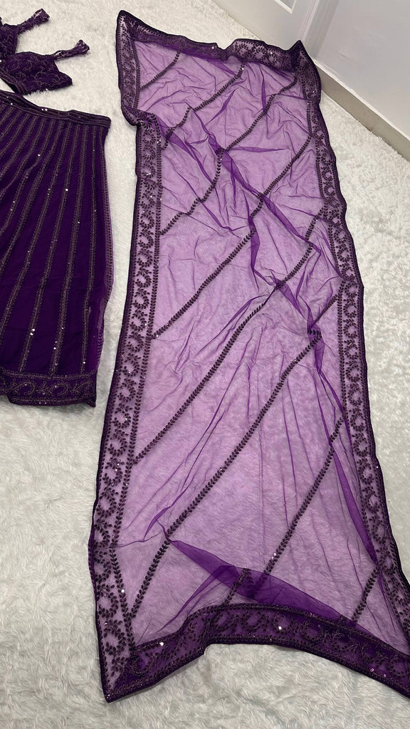 Purple Designer Net Lehenga Set with Sequins & Dori Embroidery ClothsVilla