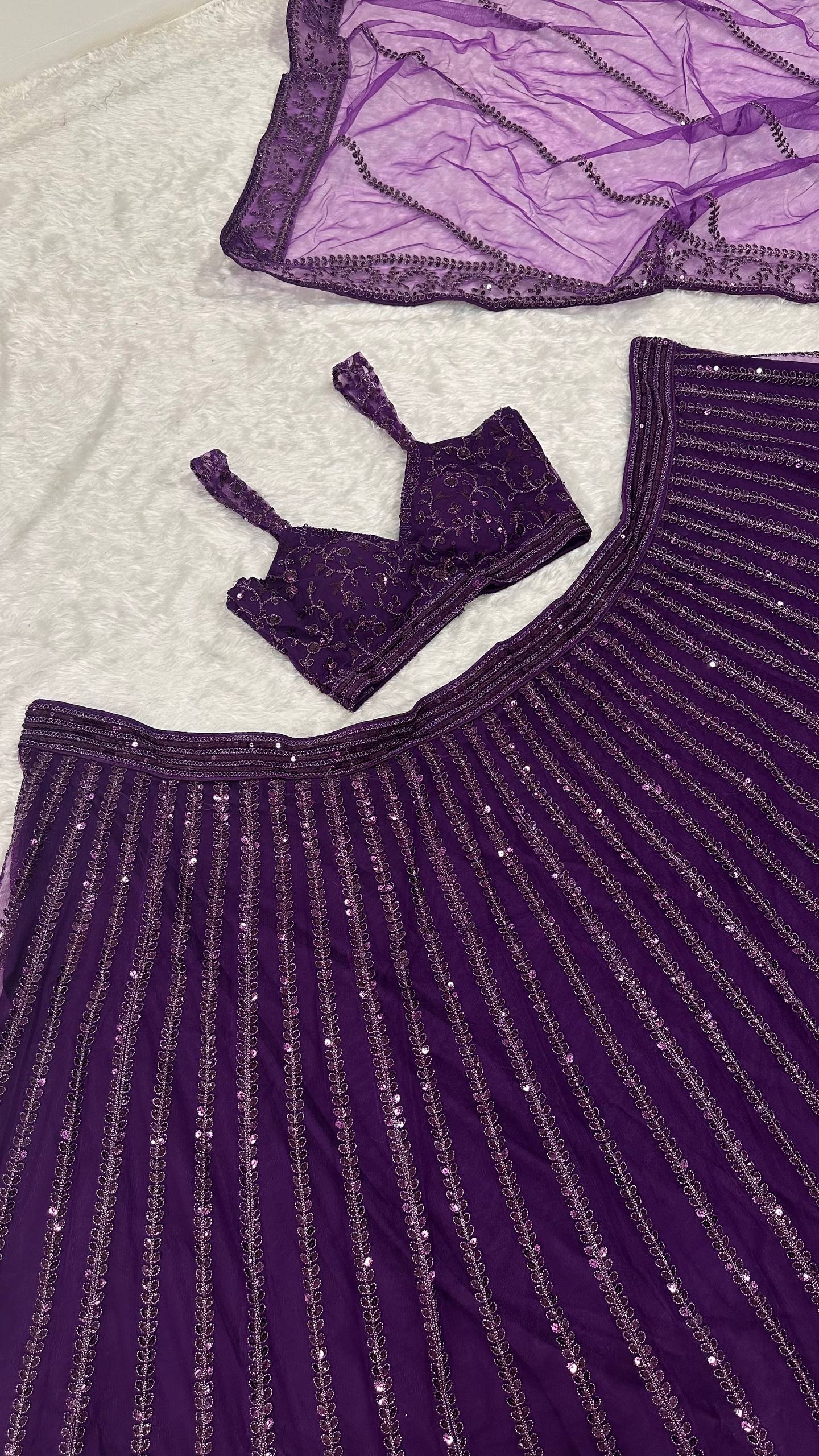 Purple Designer Net Lehenga Set with Sequins & Dori Embroidery ClothsVilla