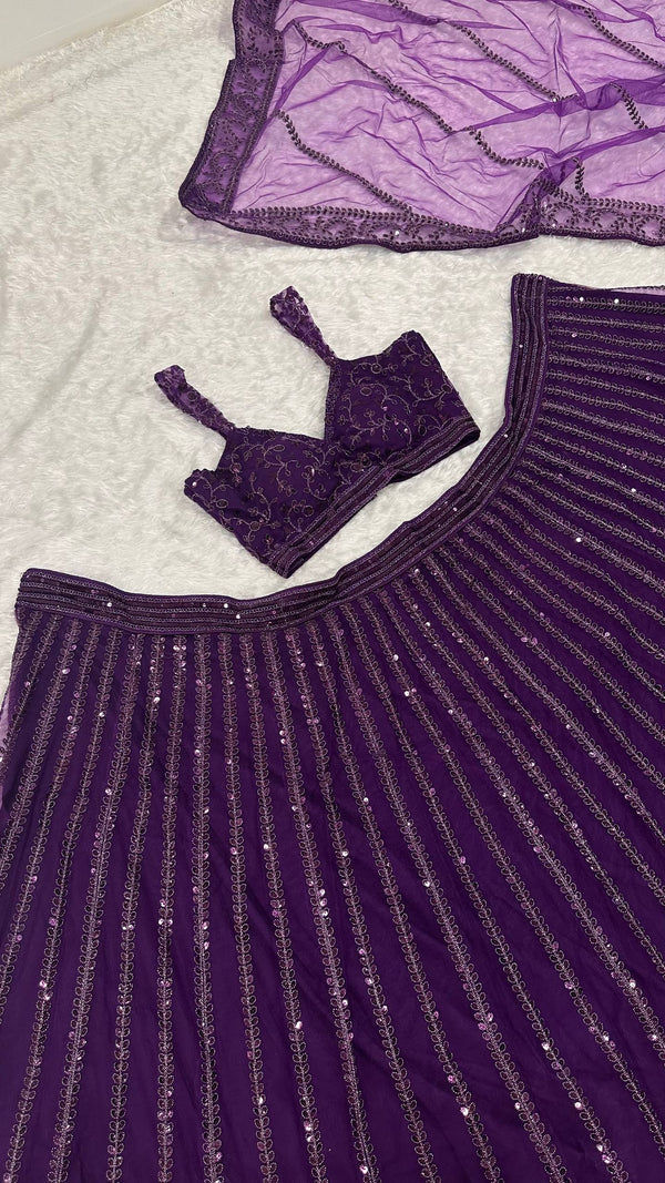 Purple Designer Net Lehenga Set with Sequins & Dori Embroidery ClothsVilla