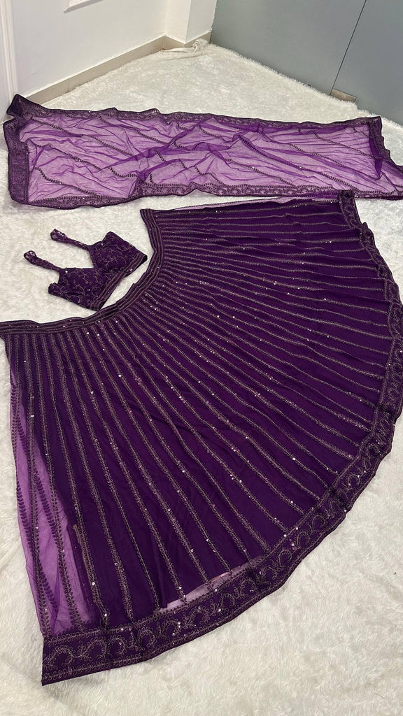 Purple Designer Net Lehenga Set with Sequins & Dori Embroidery ClothsVilla