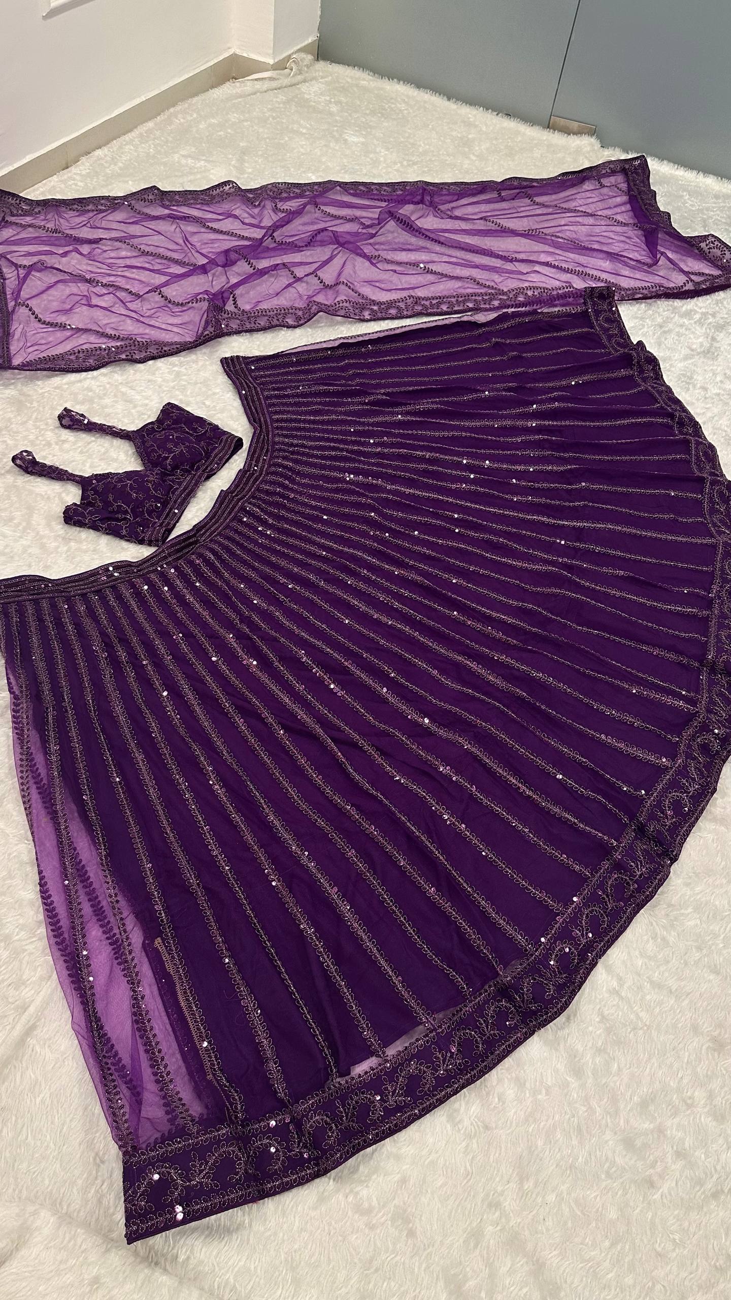 Purple Designer Net Lehenga Set with Sequins & Dori Embroidery ClothsVilla