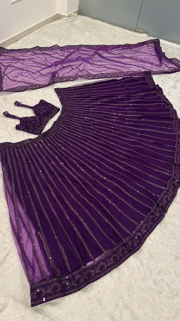 Purple Designer Net Lehenga Set with Sequins & Dori Embroidery ClothsVilla