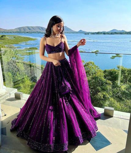 Purple Designer Net Lehenga Set with Sequins & Dori Embroidery ClothsVilla