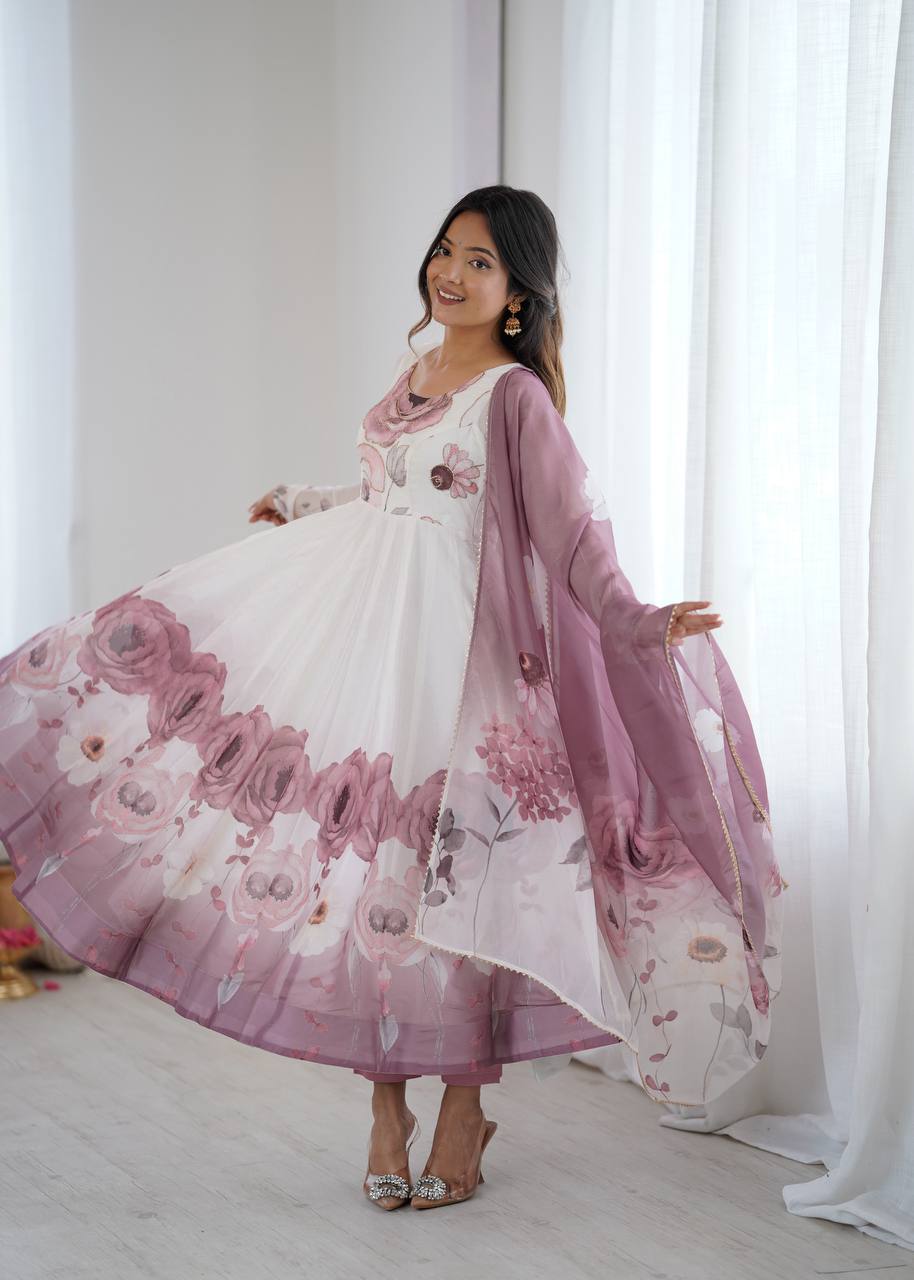 Purple Designer Organza Silk Anarkali Set with Badla Jari Handwork & Gota Patti Dupatta ClothsVilla