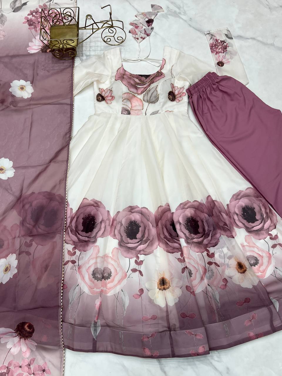 Purple Designer Organza Silk Anarkali Set with Badla Jari Handwork & Gota Patti Dupatta ClothsVilla