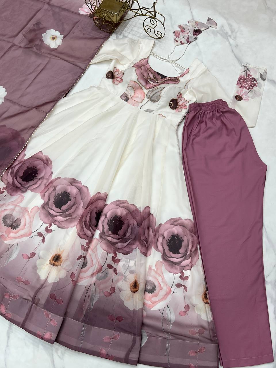 Purple Designer Organza Silk Anarkali Set with Badla Jari Handwork & Gota Patti Dupatta ClothsVilla