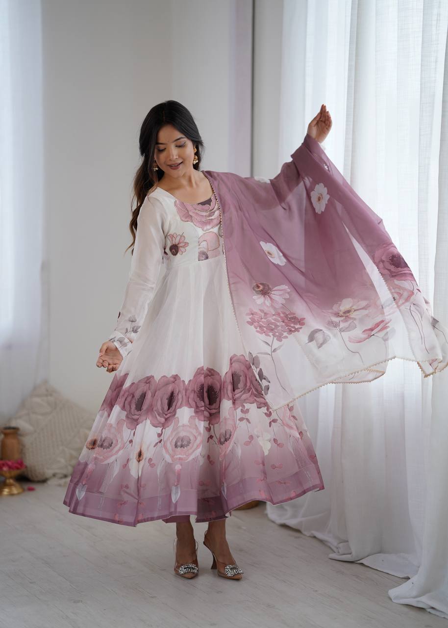 Purple Designer Organza Silk Anarkali Set with Badla Jari Handwork & Gota Patti Dupatta ClothsVilla