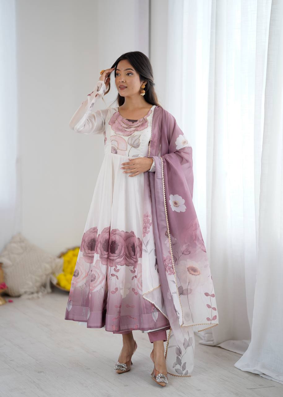 Purple Designer Organza Silk Anarkali Set with Badla Jari Handwork & Gota Patti Dupatta ClothsVilla