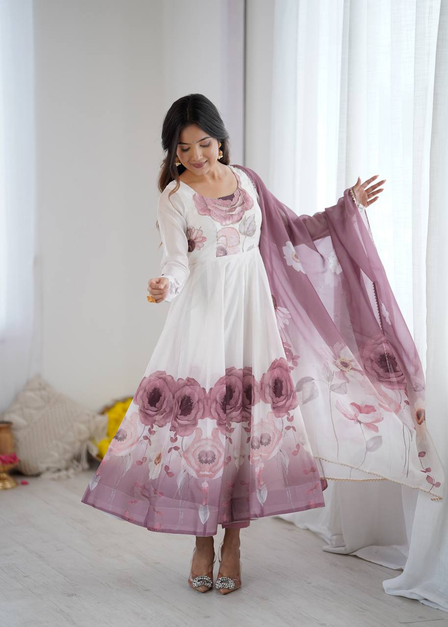 Purple Designer Organza Silk Anarkali Set with Badla Jari Handwork & Gota Patti Dupatta ClothsVilla