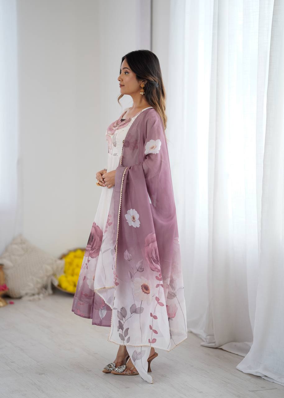 Purple Designer Organza Silk Anarkali Set with Badla Jari Handwork & Gota Patti Dupatta ClothsVilla