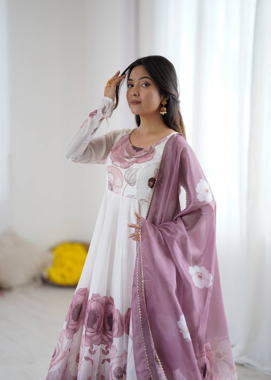 Purple Designer Organza Silk Anarkali Set with Badla Jari Handwork & Gota Patti Dupatta ClothsVilla