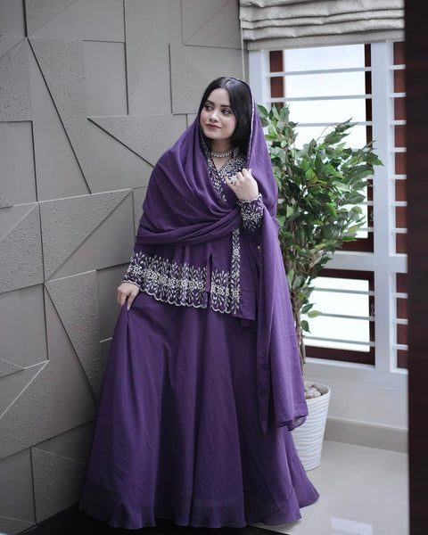 Purple Designer Party Wear Top with Lehenga & Dupatta Set - Sequin Embroidery and Tassel Accents ClothsVilla Main image