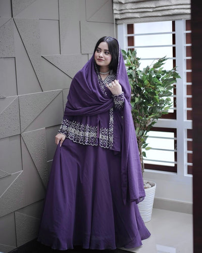 Purple Designer Party Wear Top with Lehenga & Dupatta Set - Sequin Embroidery and Tassel Accents ClothsVilla