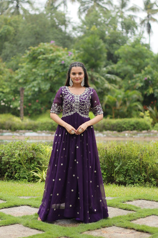Purple Designer Readymade Gown with Zari-Thread & Sequins Embroidery Clothsvilla