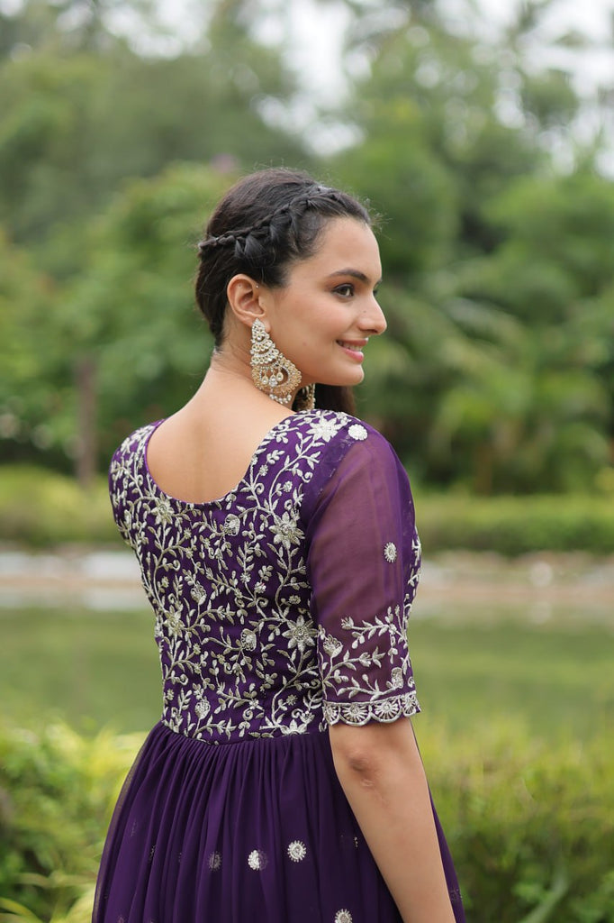 Purple Designer Readymade Gown with Zari-Thread & Sequins Embroidery Clothsvilla