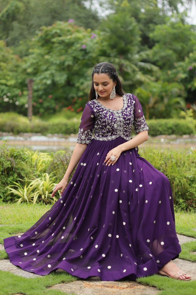 Purple Designer Readymade Gown with Zari-Thread & Sequins Embroidery Clothsvilla