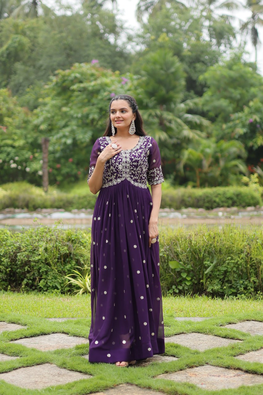 Purple Designer Readymade Gown with Zari-Thread & Sequins Embroidery Secondary image