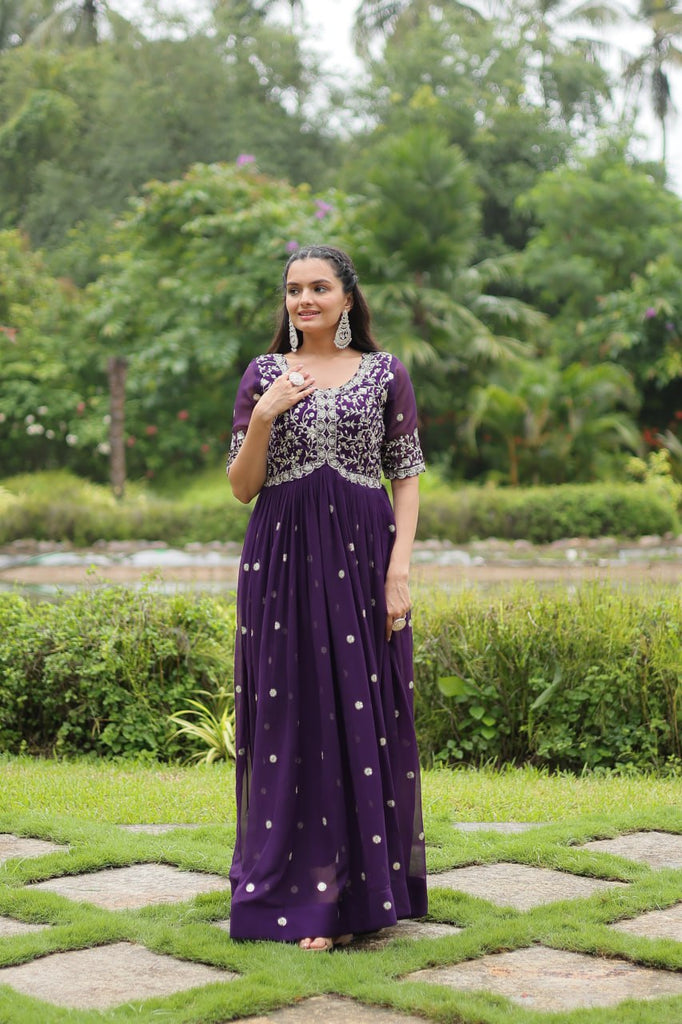 purple designer dress Purple Designer Readymade Gown with Zari-Thread & Sequin