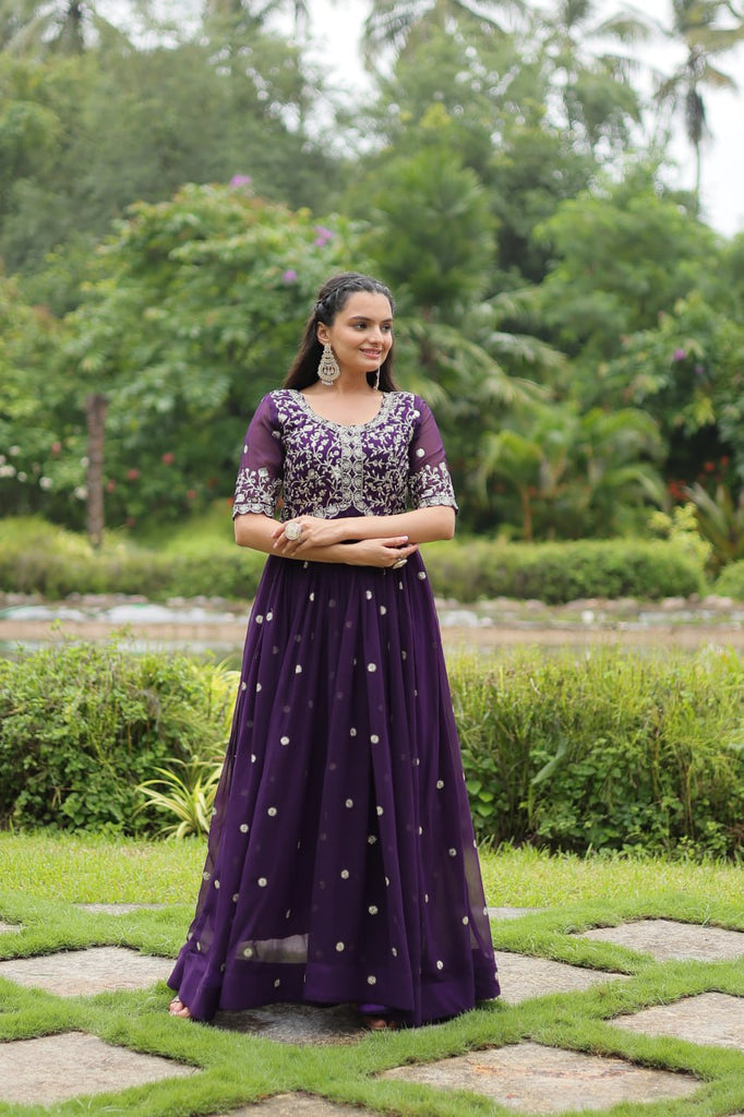 Purple Designer Readymade Gown with Zari-Thread & Sequins Embroidery Clothsvilla