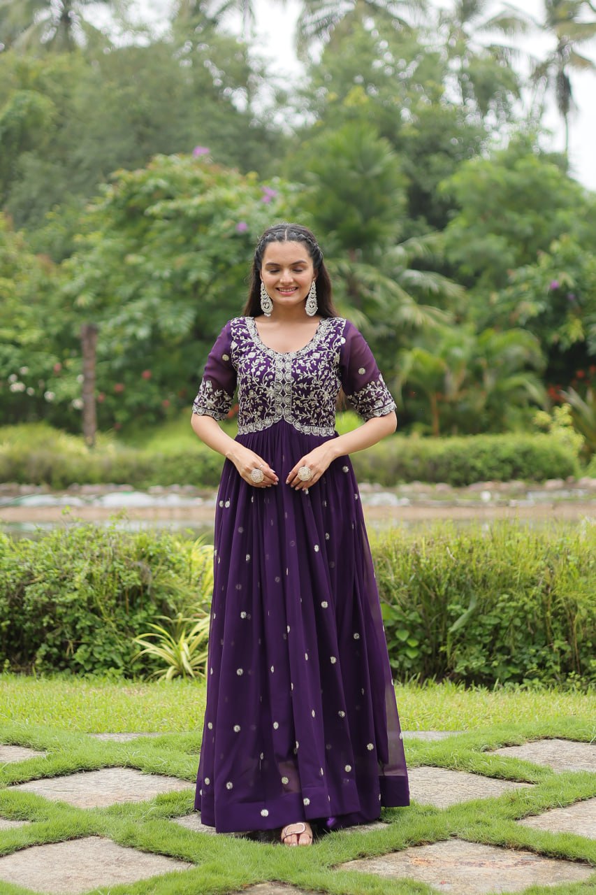 Purple Designer Readymade Gown with Zari-Thread & Sequins Embroidery Clothsvilla