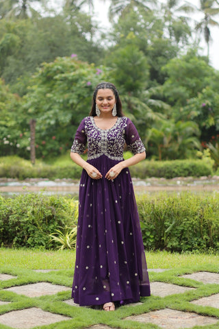 Purple Designer Readymade Gown with Zari-Thread & Sequins Embroidery Clothsvilla