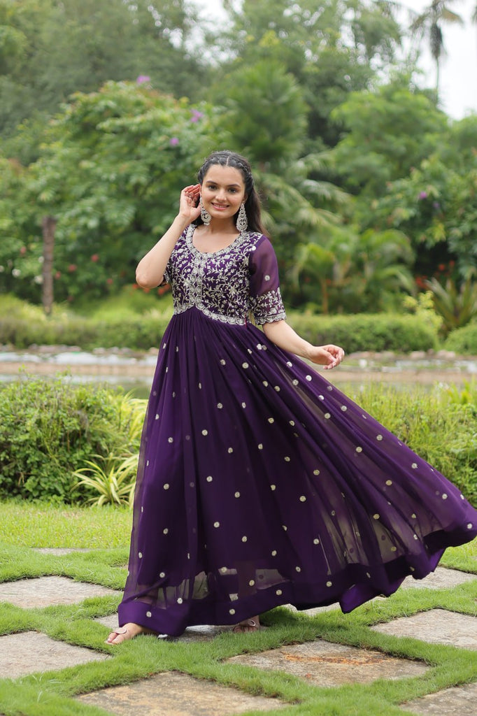 Purple Designer Readymade Gown with Zari-Thread & Sequins Embroidery Clothsvilla