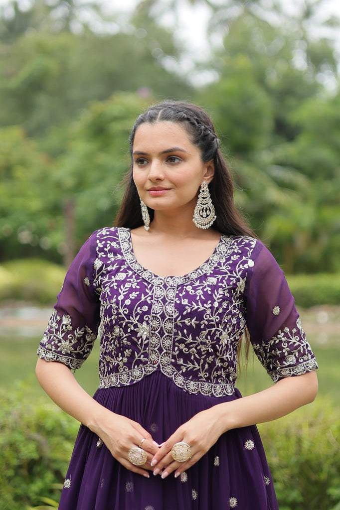 Purple Designer Readymade Gown with Zari-Thread & Sequins Embroidery Clothsvilla